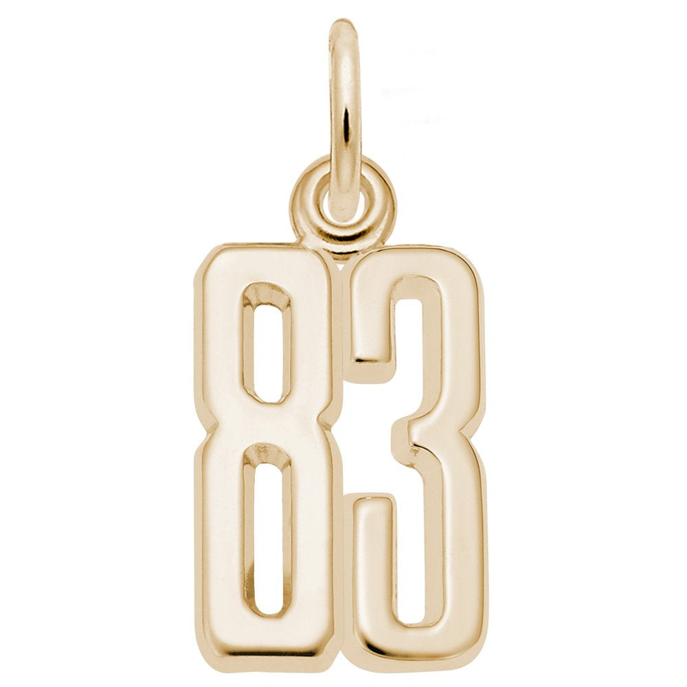 Gold number '83' charm on a white background