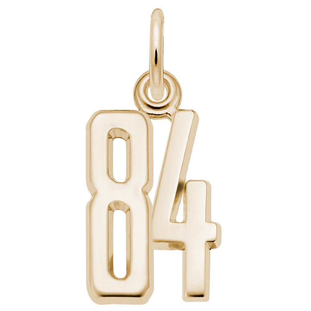 Gold number '84' charm on a white background