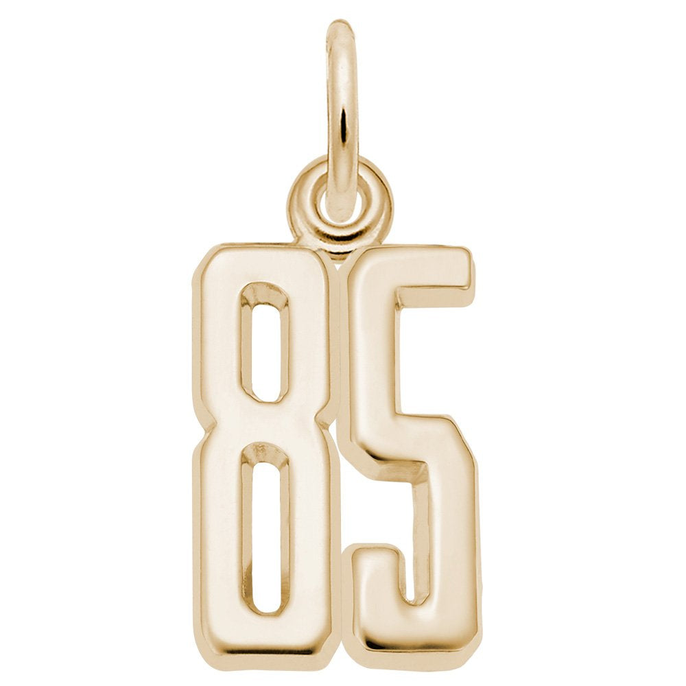 Gold number '85' charm on a white background