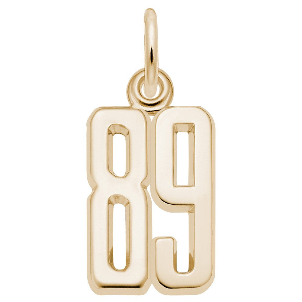 Gold number '89' charm on a white background