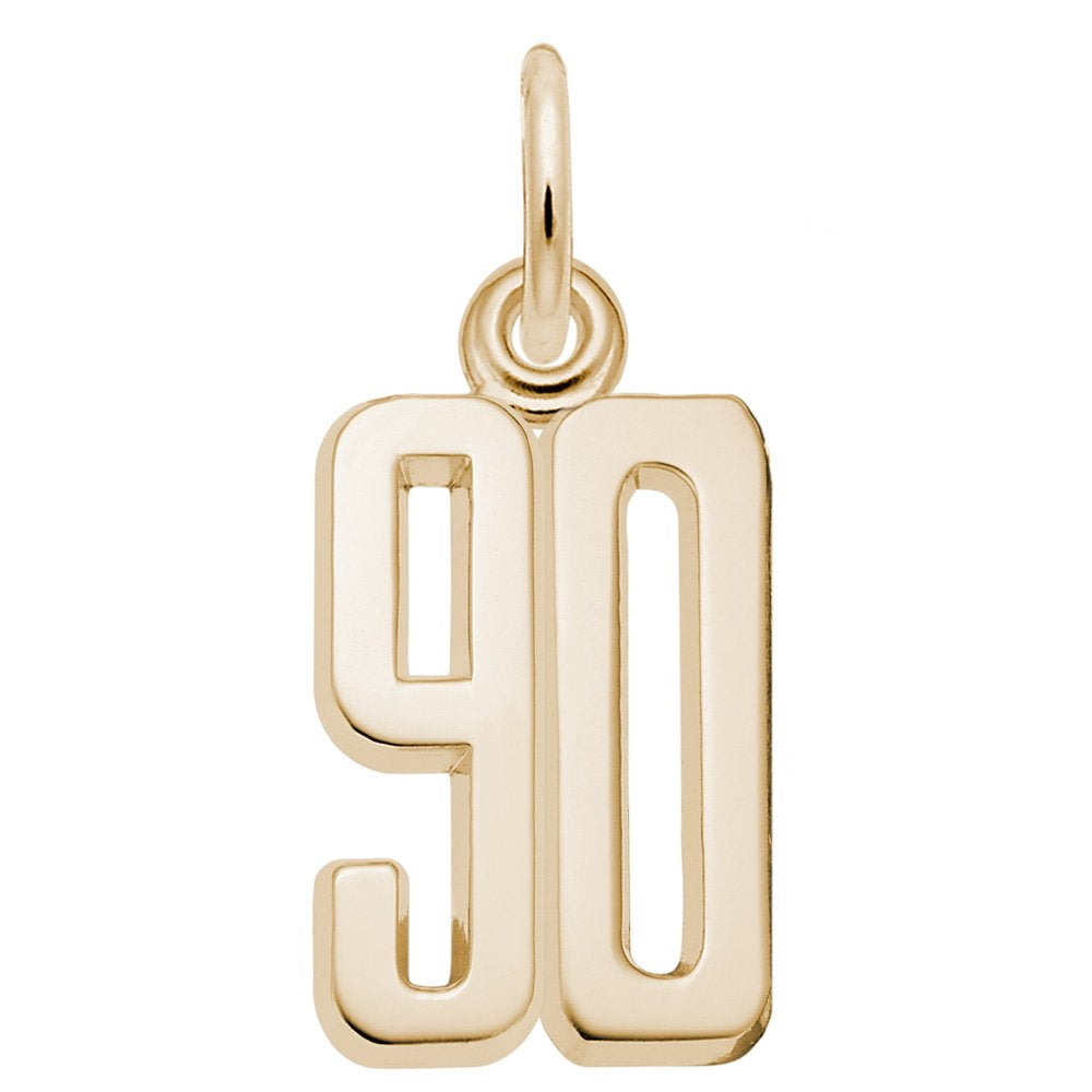 Gold number '90' charm on a white background