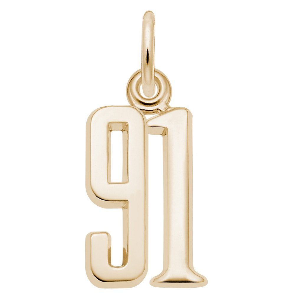 Gold number '91' charm on a white background