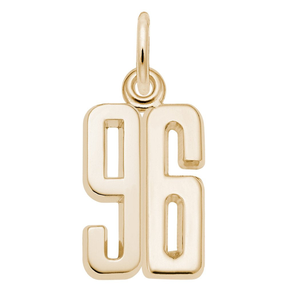 Gold number '96' charm on a white background