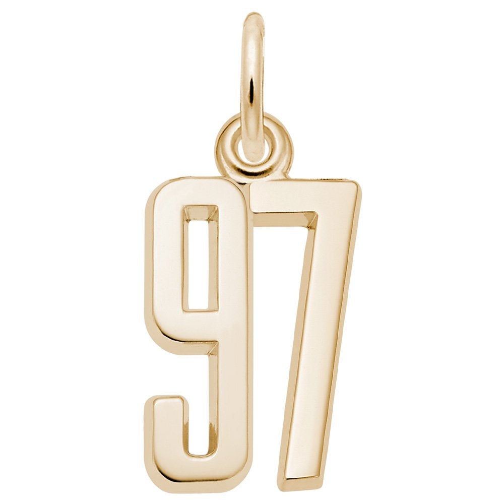 Gold number '97' charm on a white background