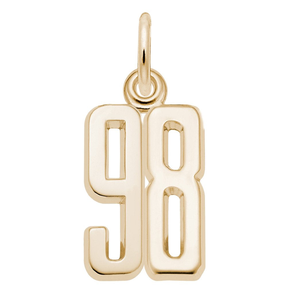 Gold number '98' charm on a white background