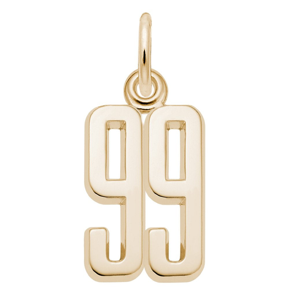 Gold number '99' charm on a white background