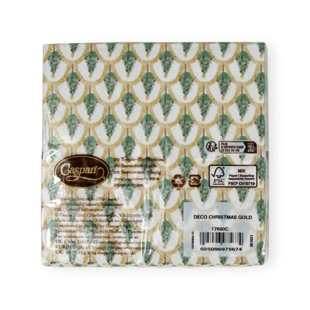 Caspari Deco Christmas Gold Cocktail Napkins - Set of 20