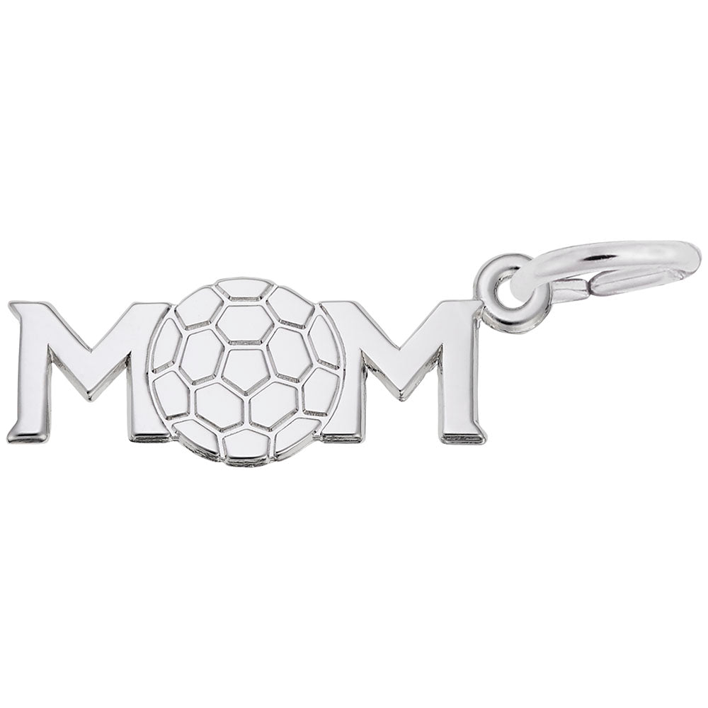 Silver 'MOM' charm with a soccer ball replacing the 'O', on a white background