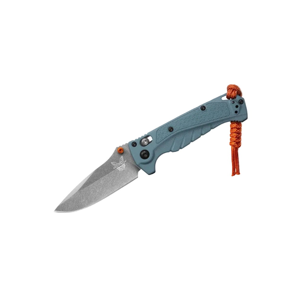 Folding knife with a blue handle and orange cord on a white background