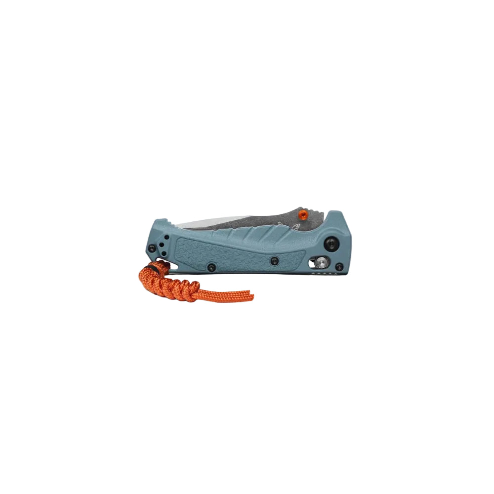 Blue pocket knife with an orange cord on a white background