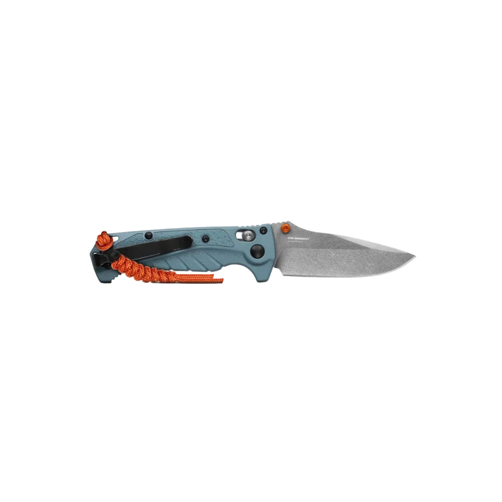 Folding knife with a blue handle and orange accents on a white background