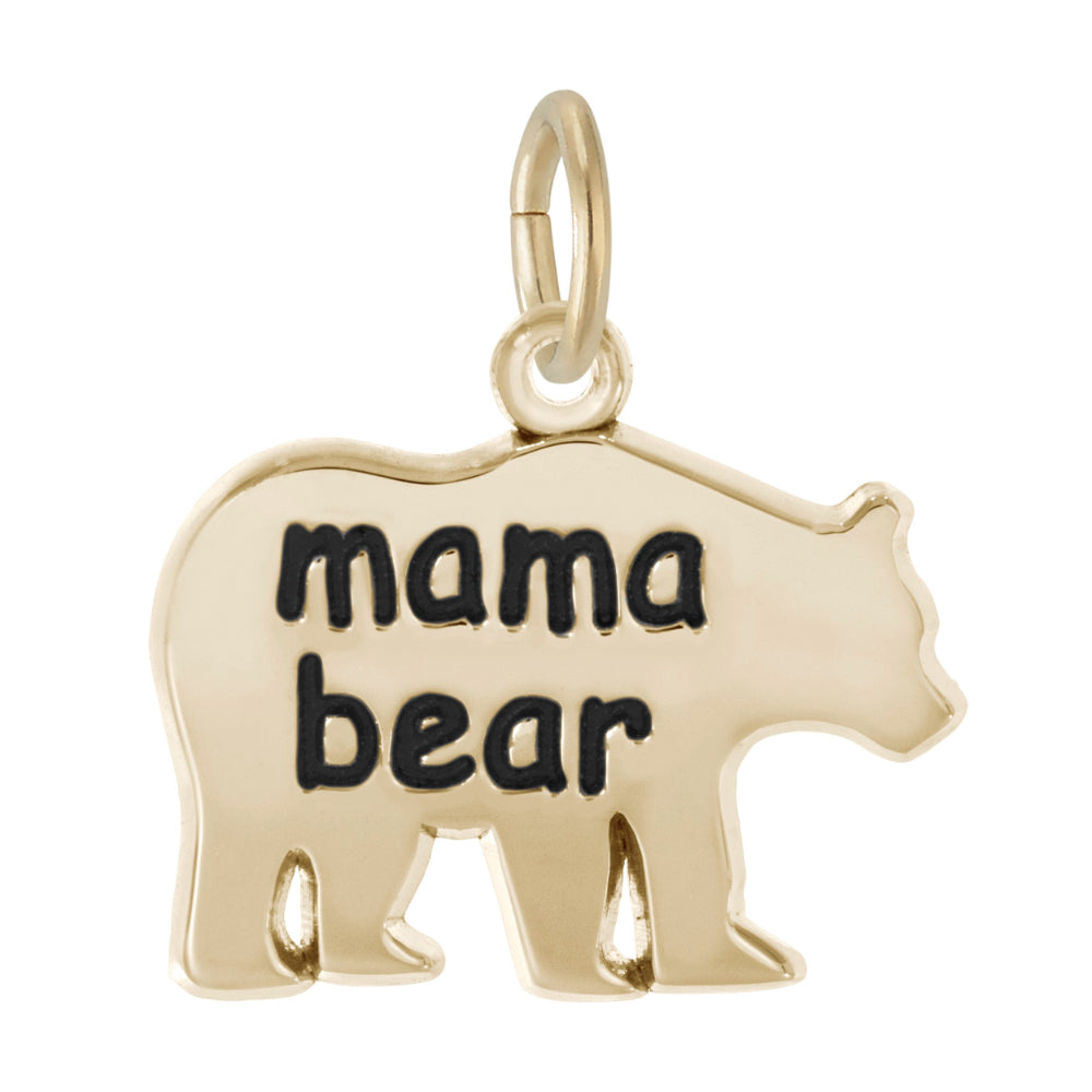 Gold 'mama bear' charm on a white background