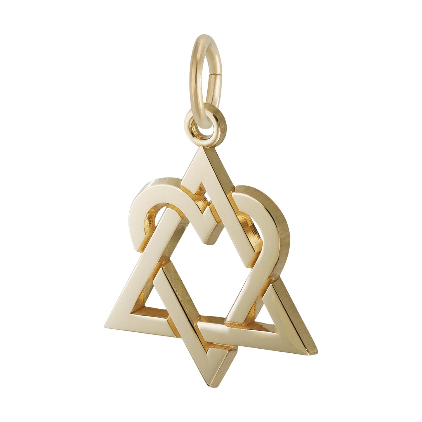 Angled view of Gold interlocked triangle and heart charm on a white background