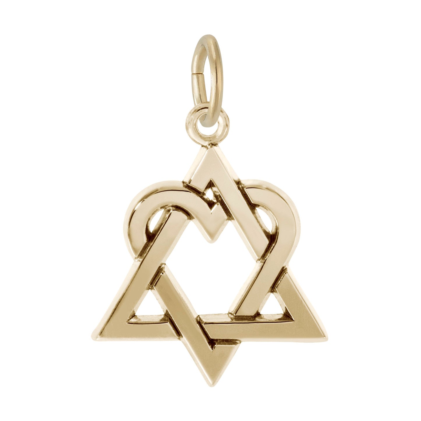 Gold interlocked triangle and heart charm on a white background