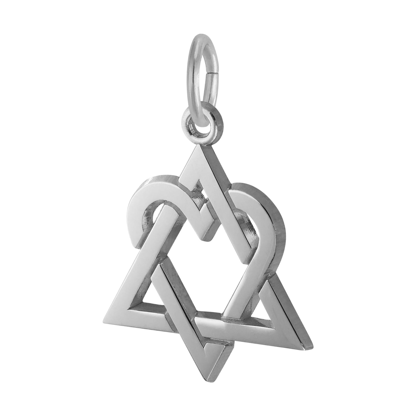 Angled view of Silver interlocked triangle and heart charm on a white background