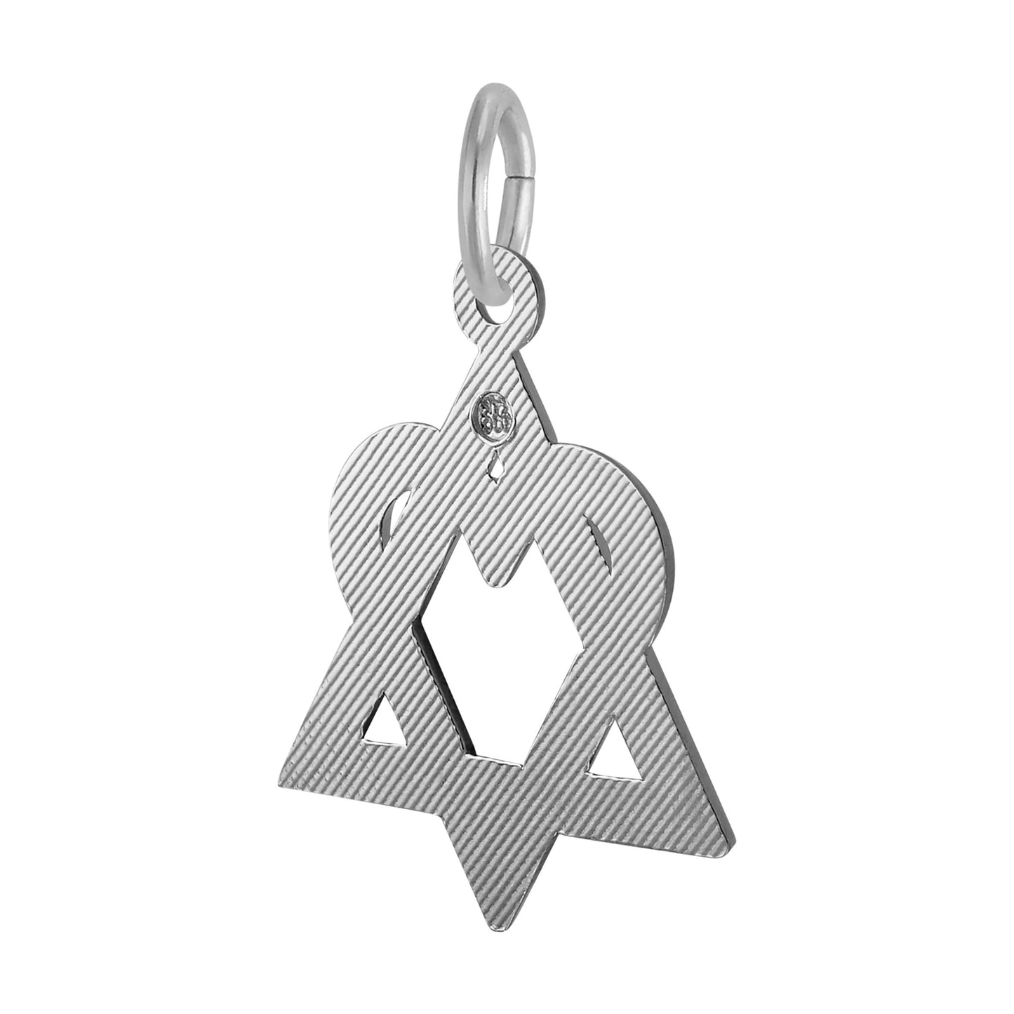 Back of Silver interlocked triangle and heart charm on a white background