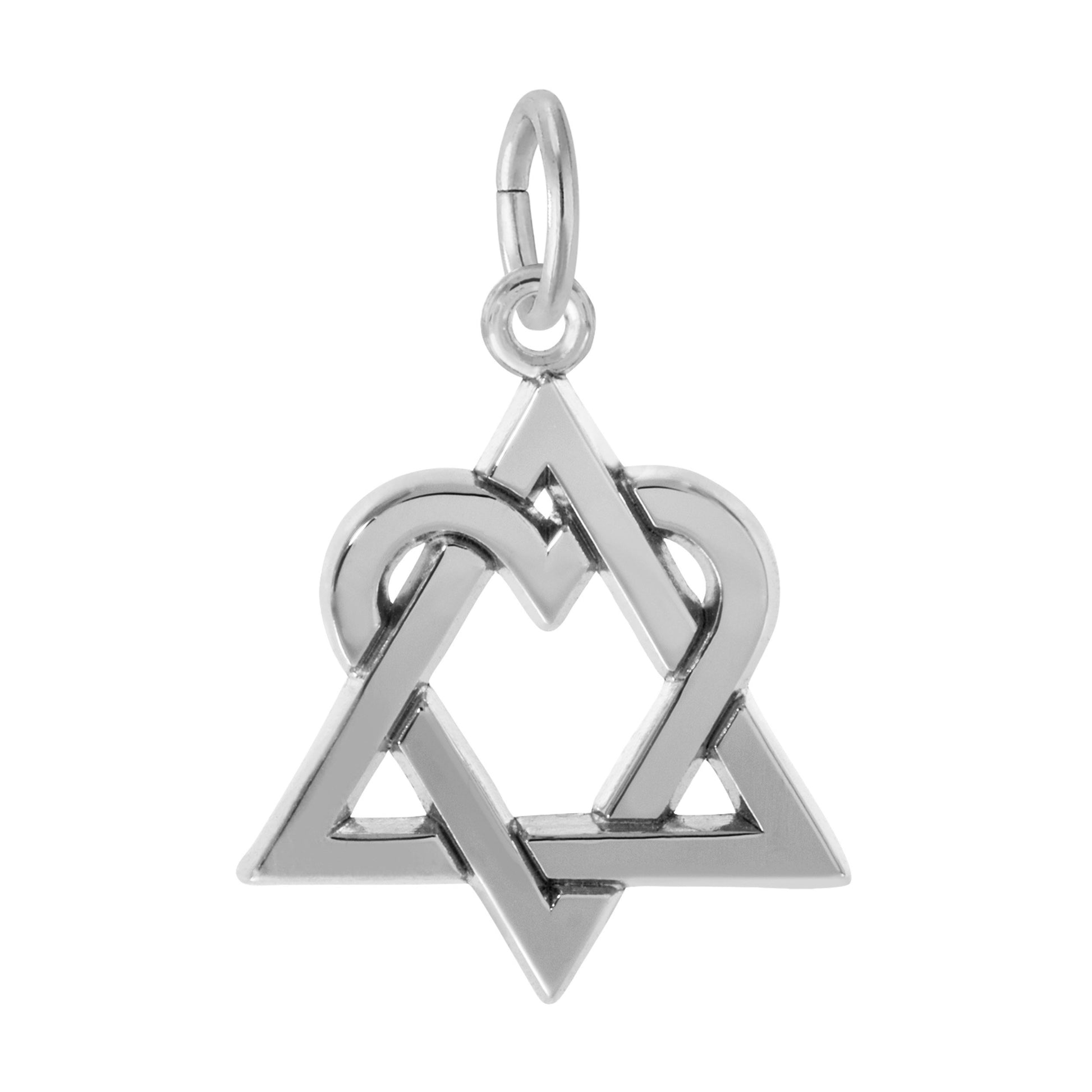 Silver interlocked triangle and heart charm on a white background