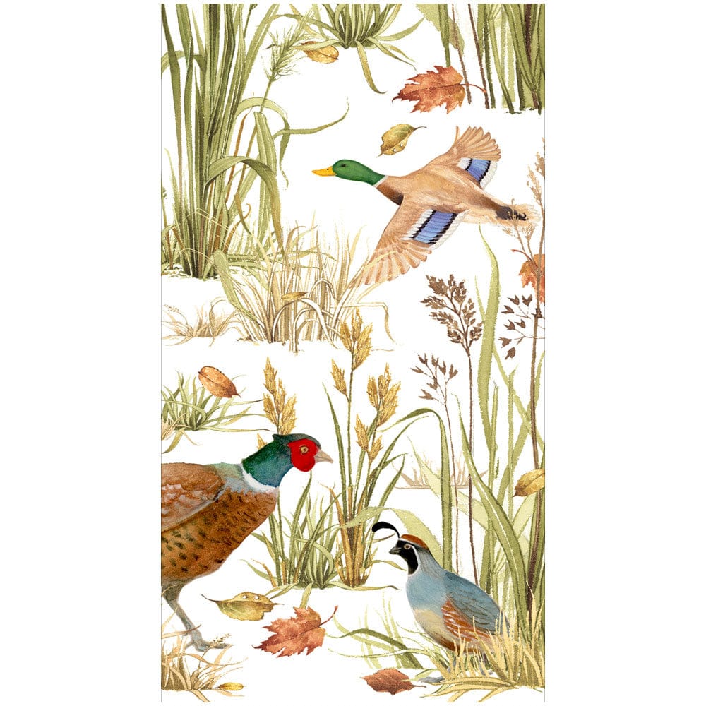 A vertical decorative guest towel featuring a white background with a detailed illustration of pheasant birds among tall grasses and wildflowers.