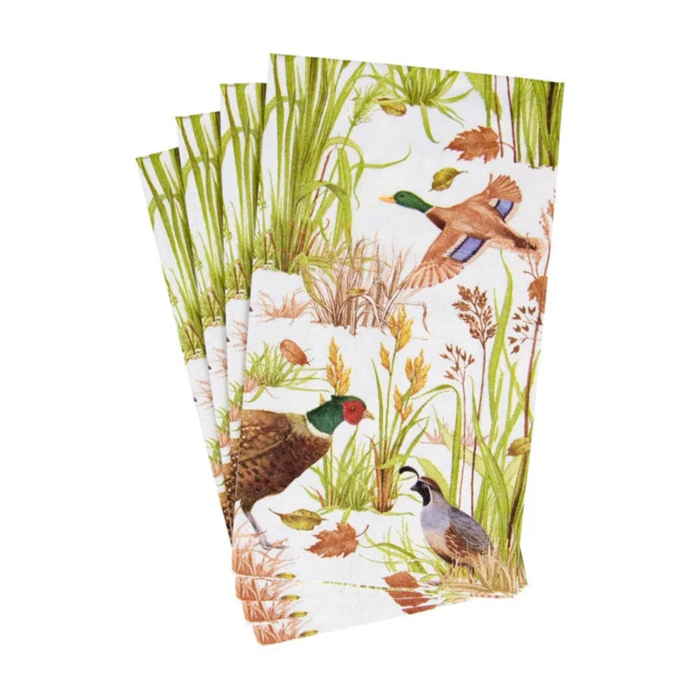 Set of guest towels with nature-themed design featuring birds and plants on a white background