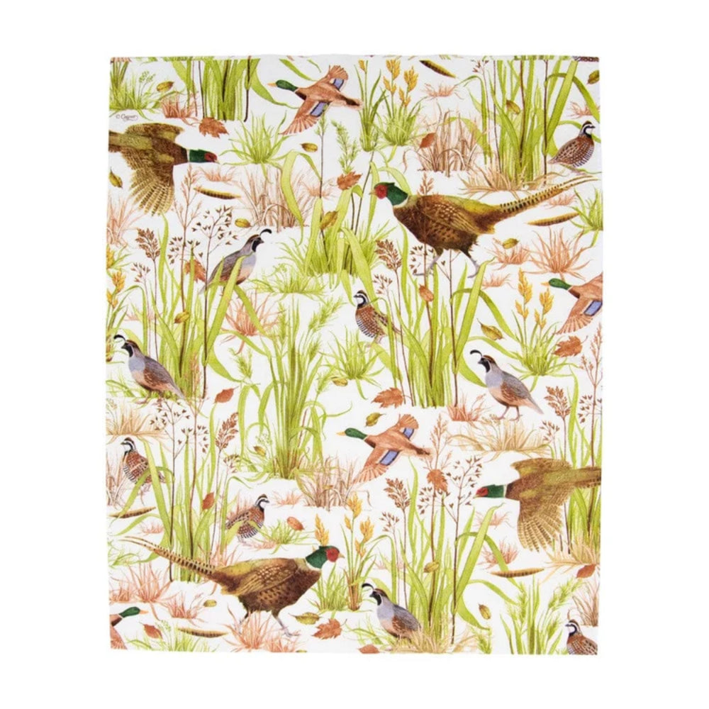 A rectangularguest towel featuring a repeating all-over print of pheasants and wild grasses on a white background, photographed flat against a white studio backdrop.