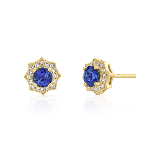 14k Gold Sapphire and Diamond Halo Stud Earrings