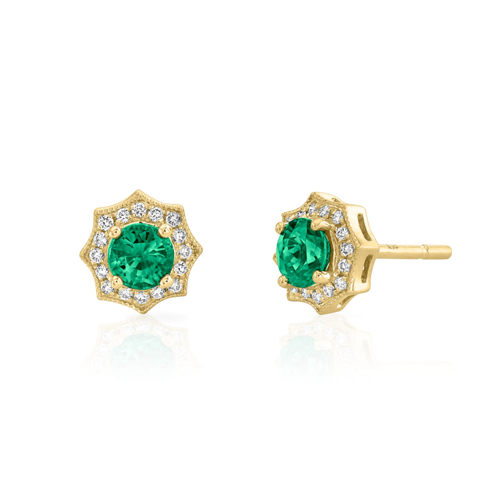 14k Gold Emerald and Diamond Halo Stud Earrings