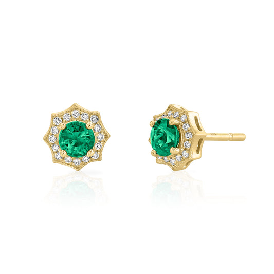 14k Gold Emerald and Diamond Halo Stud Earrings