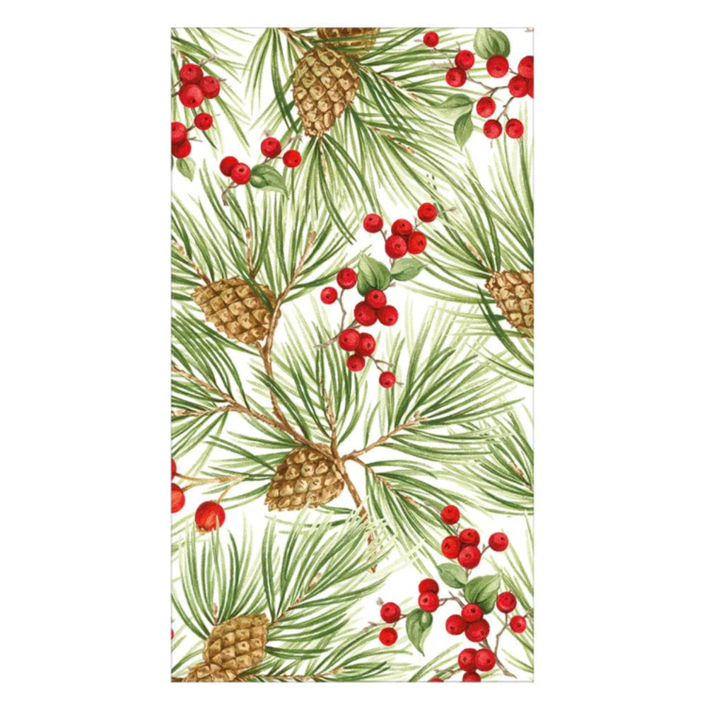 Caspari Evergreen and Berries White Guest Towels - Set of 15