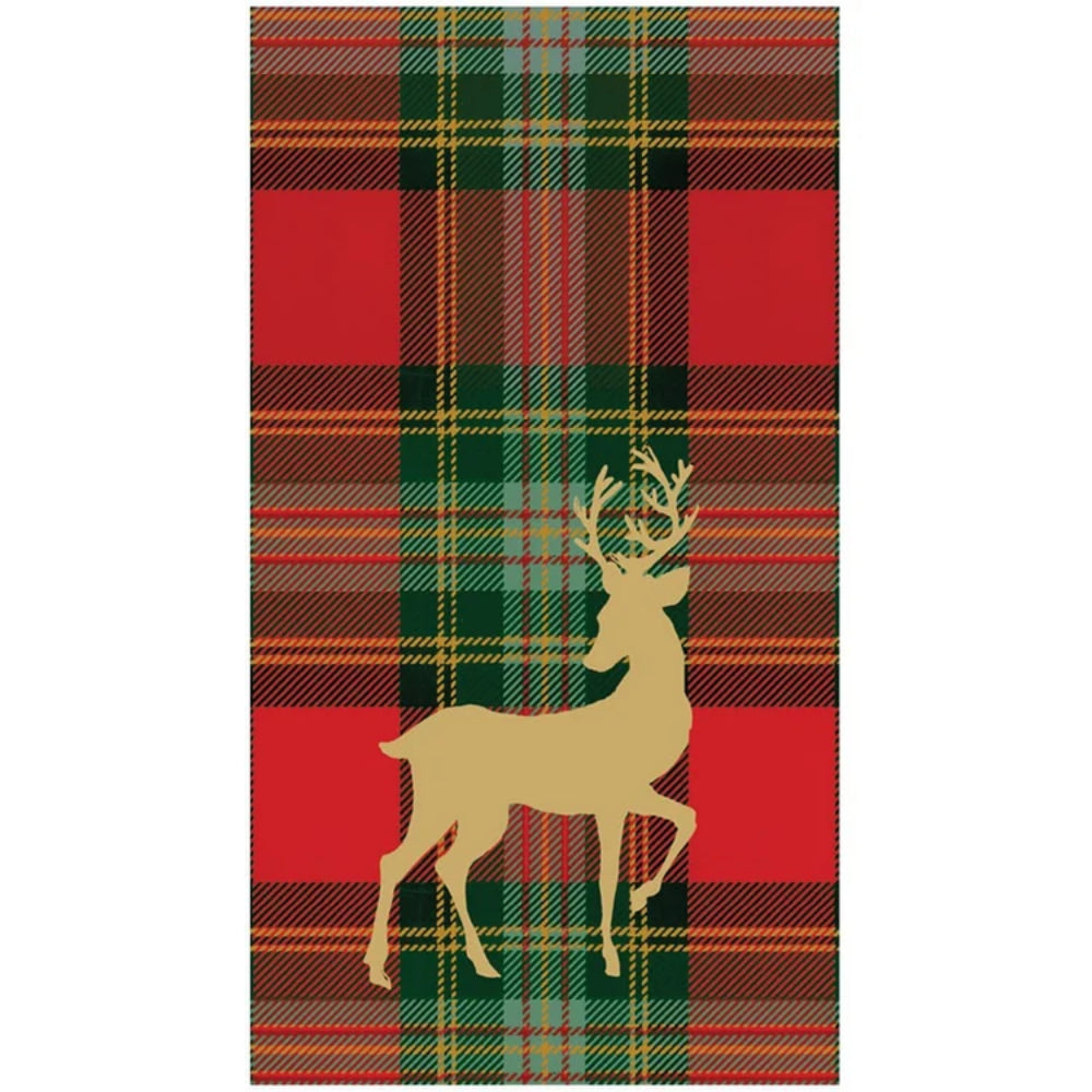 A rectangular holiday-themed guest towel featuring a red and green tartan plaid background with a large tan deer silhouette across the lower half.