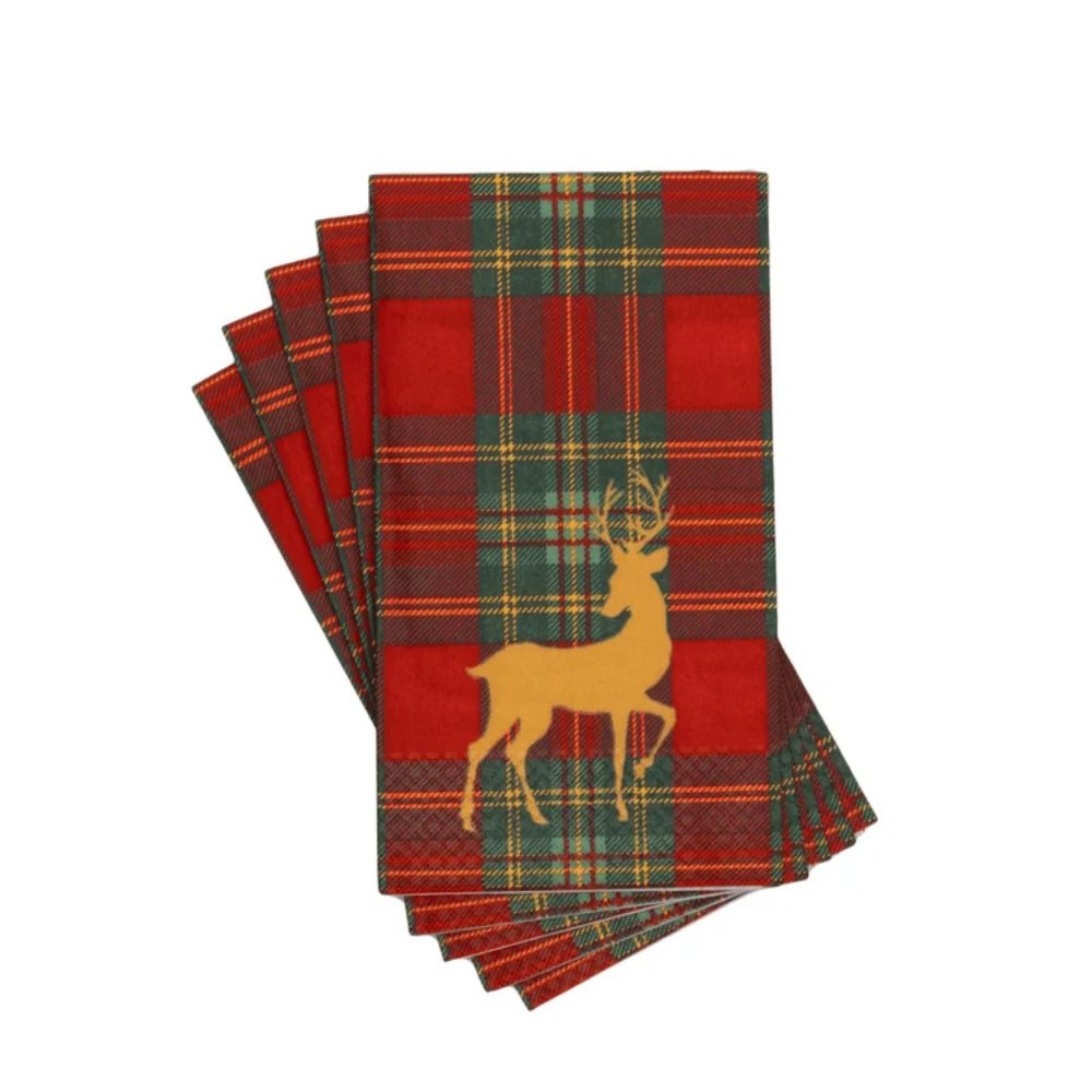 A stack of four red and green tartan plaid guest towels with a golden deer silhouette printed on the front, set against a plain white background.