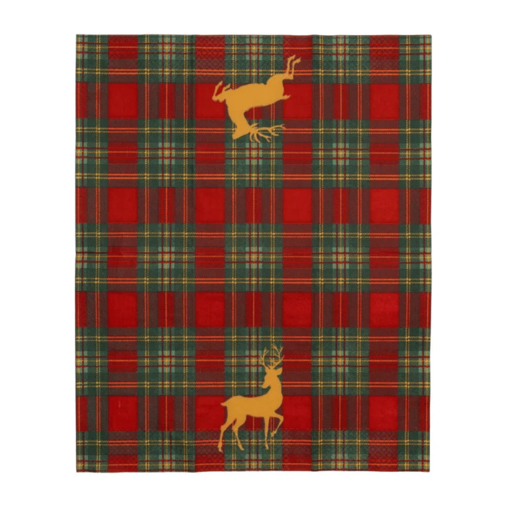 A rectangular red tartan plaid fabric or paper product with two gold deer silhouettes, shown flat against a white background.
