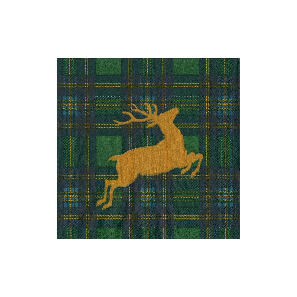 Plaid fabric with a yellow deer design on a white background