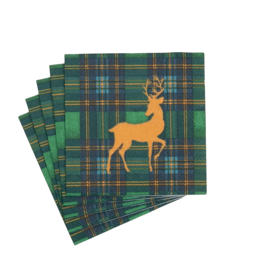 Set of plaid napkins with a deer design on a white background