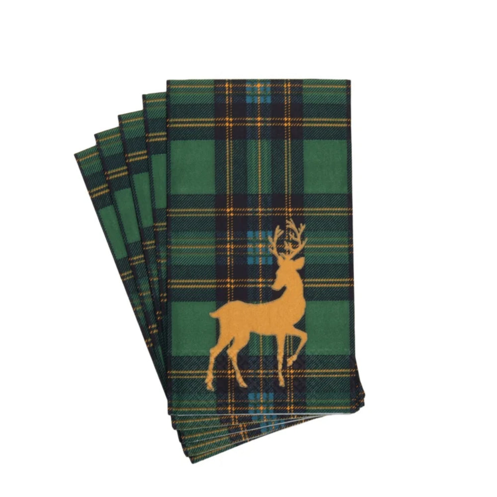 Set of green plaid napkins with a deer silhouette on a white background