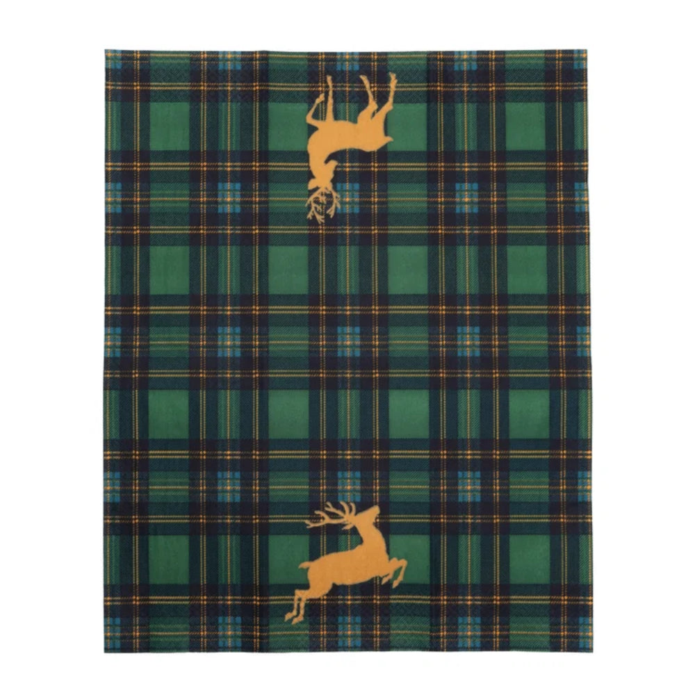 A square textile product, likely a napkin, featuring a green and navy tartan plaid pattern with two golden-brown leaping deer silhouettes, shown flat against a white background.