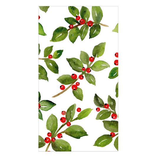Caspari Painted Holly White Recycled Guest Towels - Set of 15