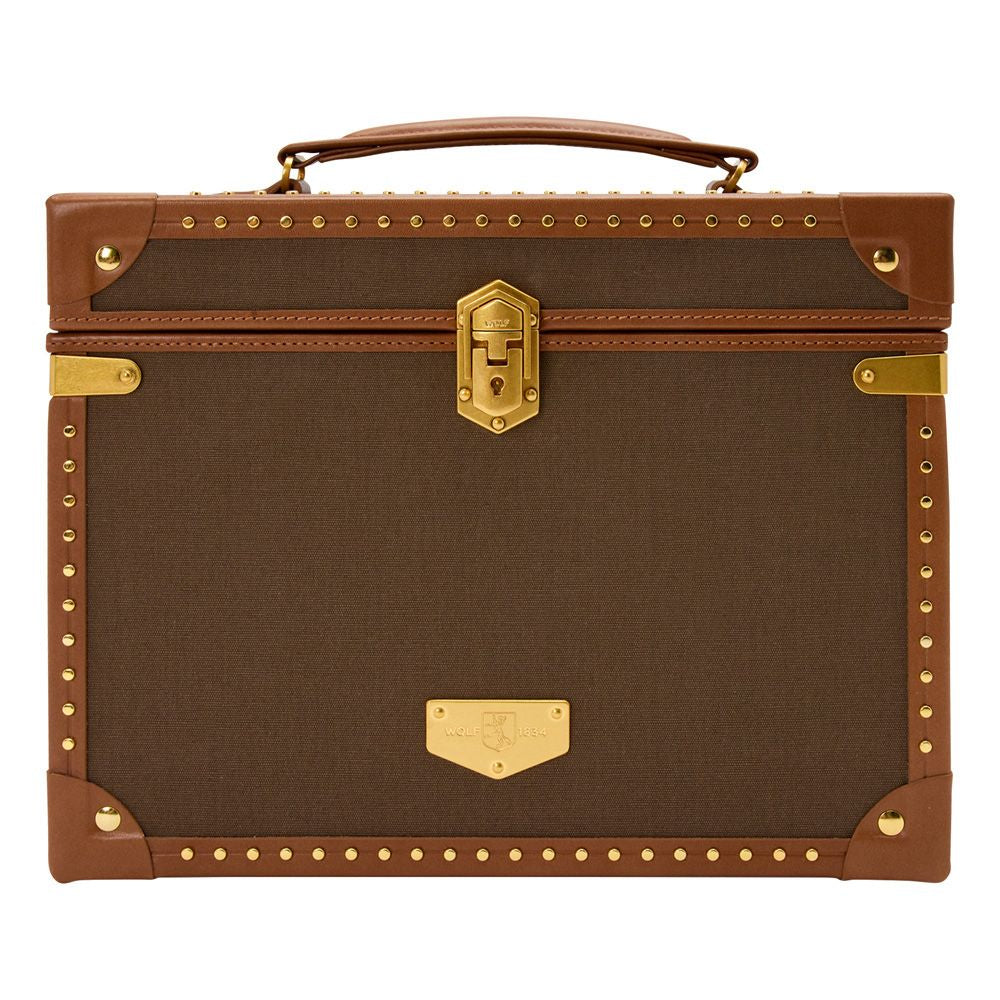 Brown leather jewelry case with gold accents on a white background
