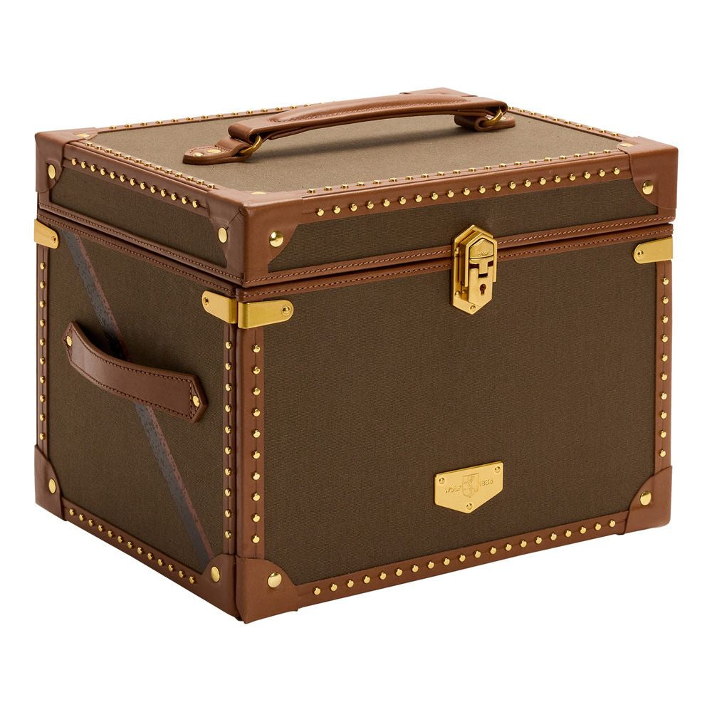 Brown leather jewelry case with gold accents on a white background