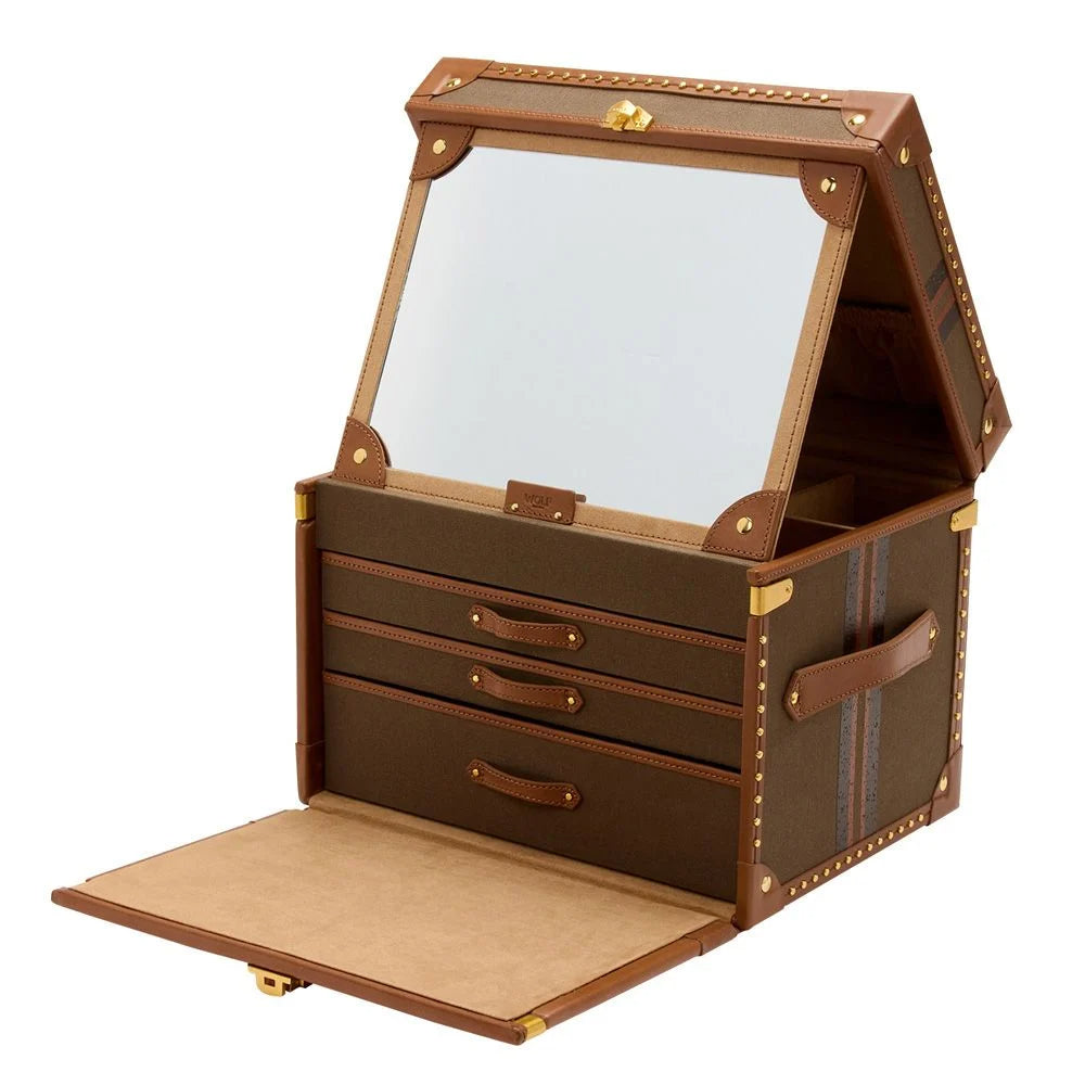Brown jewelry box with mirror and drawers on a white background
