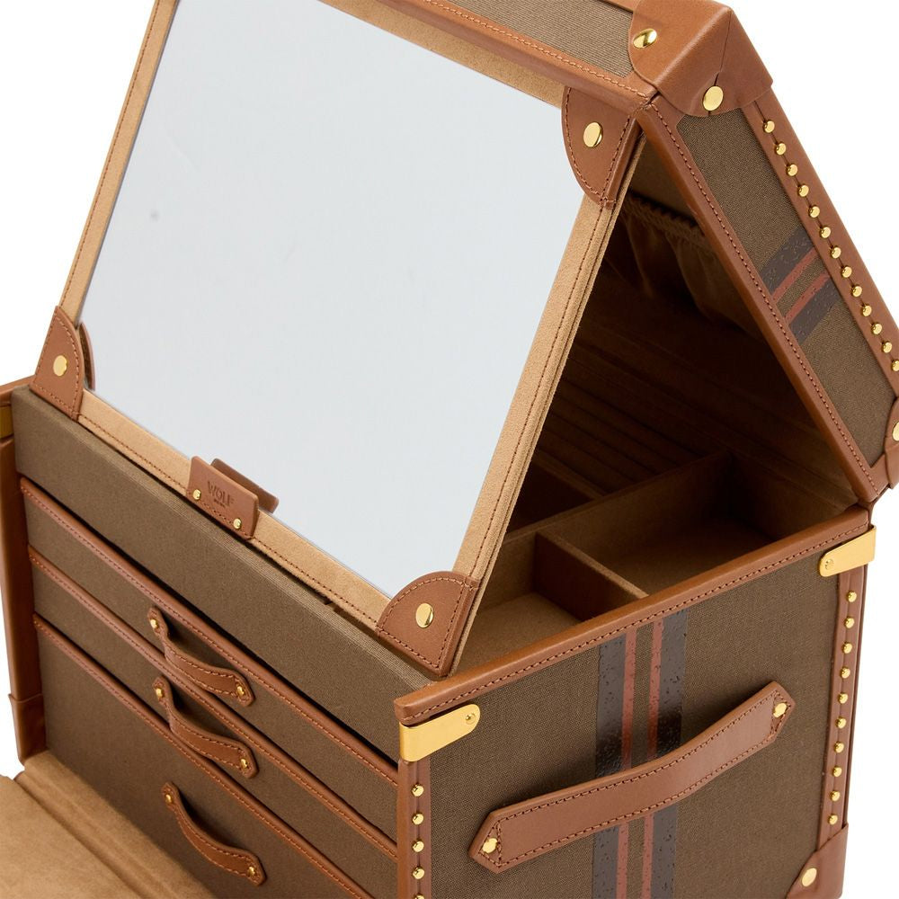 Brown leather jewelry case with a mirror on a white background