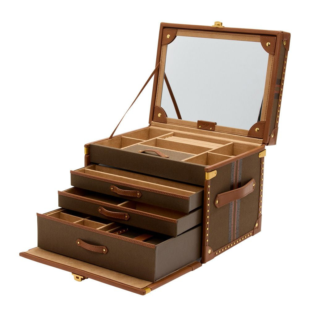 Brown jewelry box with multiple compartments on a white background