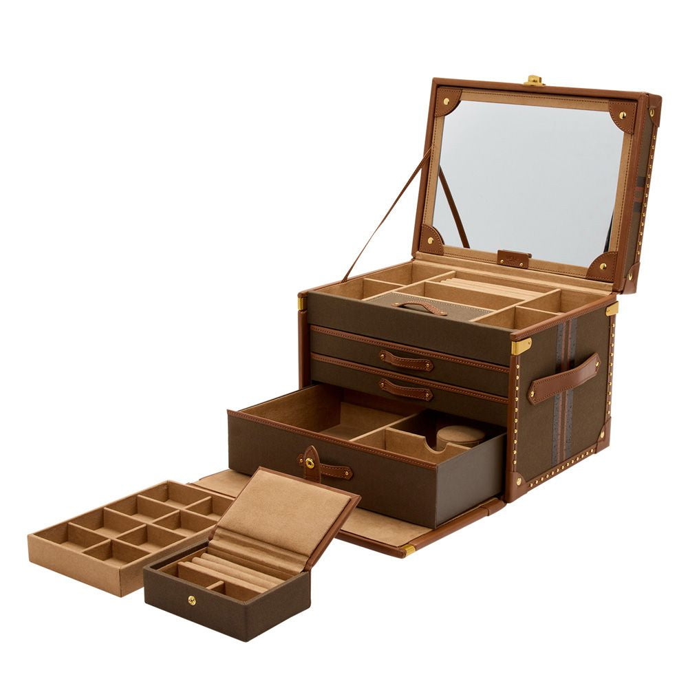 Brown jewelry box with multiple compartments on a white background