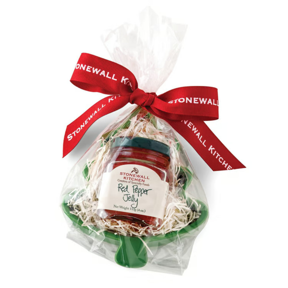 Gift bag with a snowman design and red ribbon on a white background.