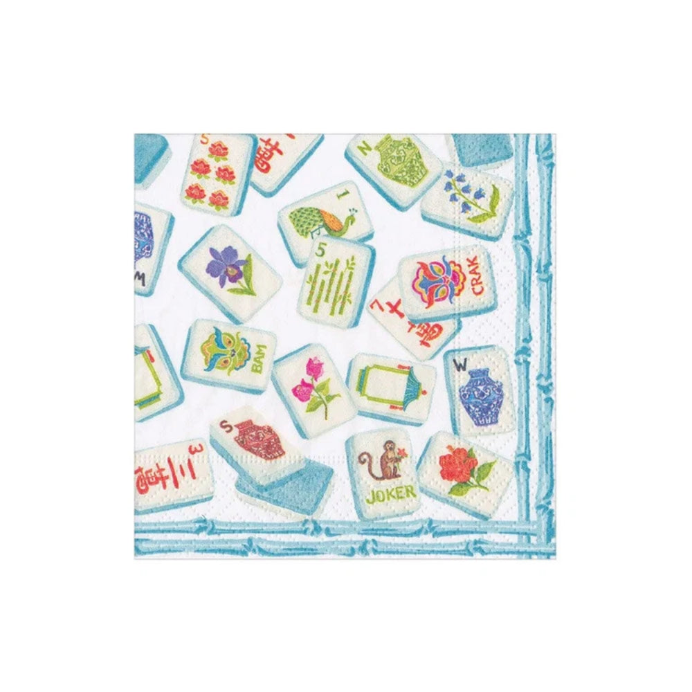 A square white napkin featuring a printed pattern of Mahjong tiles with a light blue bamboo border, shown flat on a white background.