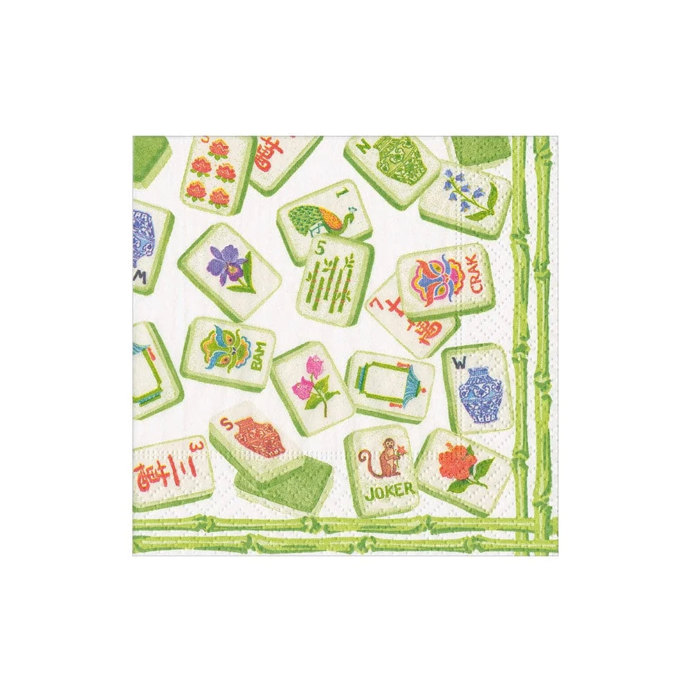 Colorful Mahjong tile paper napkins on a white background.