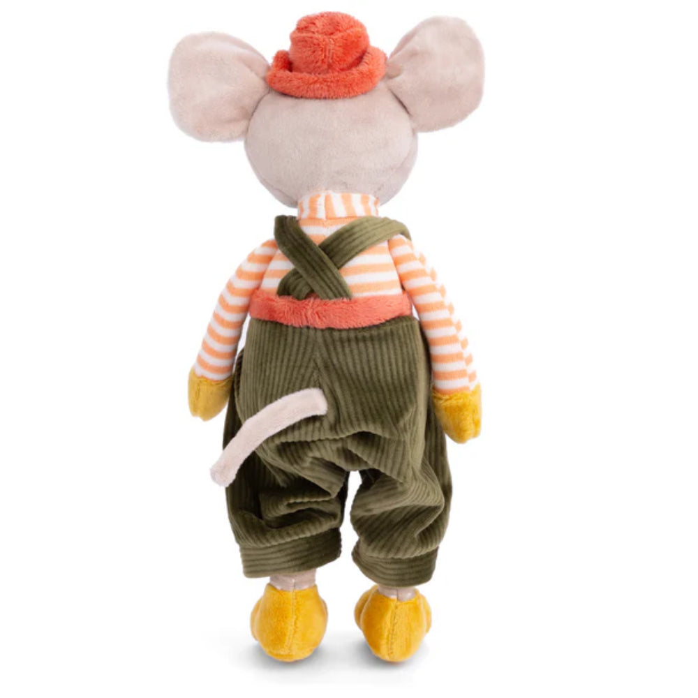 A photo of the back of a stuffed toy mouse in a orange and white striped shirt, orange hat, green overalls, and tail and yellow feet and hands on a white background.