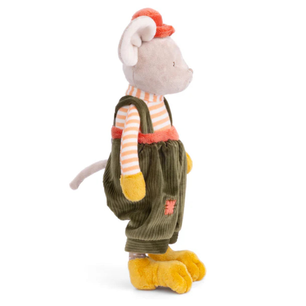A photo of the side of a stuffed toy mouse in a orange and white striped shirt, orange hat, green overalls and yellow feet and hands on a white background.