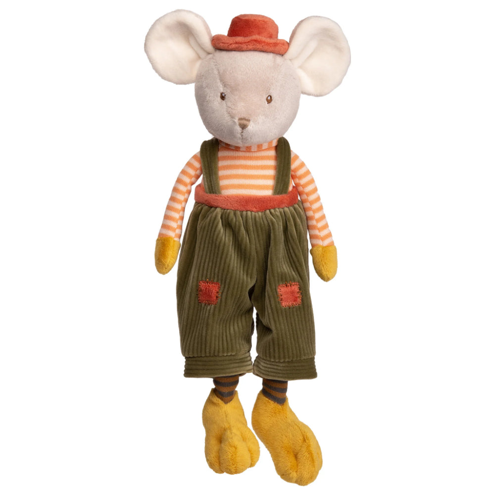 Stuffed toy mouse in a orange and white striped shirt, orange hat, green overalls and yellow feet and hands on a white background.