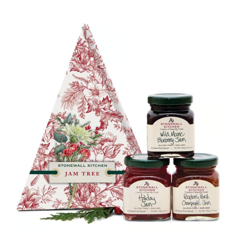 Stonewall Kitchen jam set with a decorative tree-shaped box on a white background