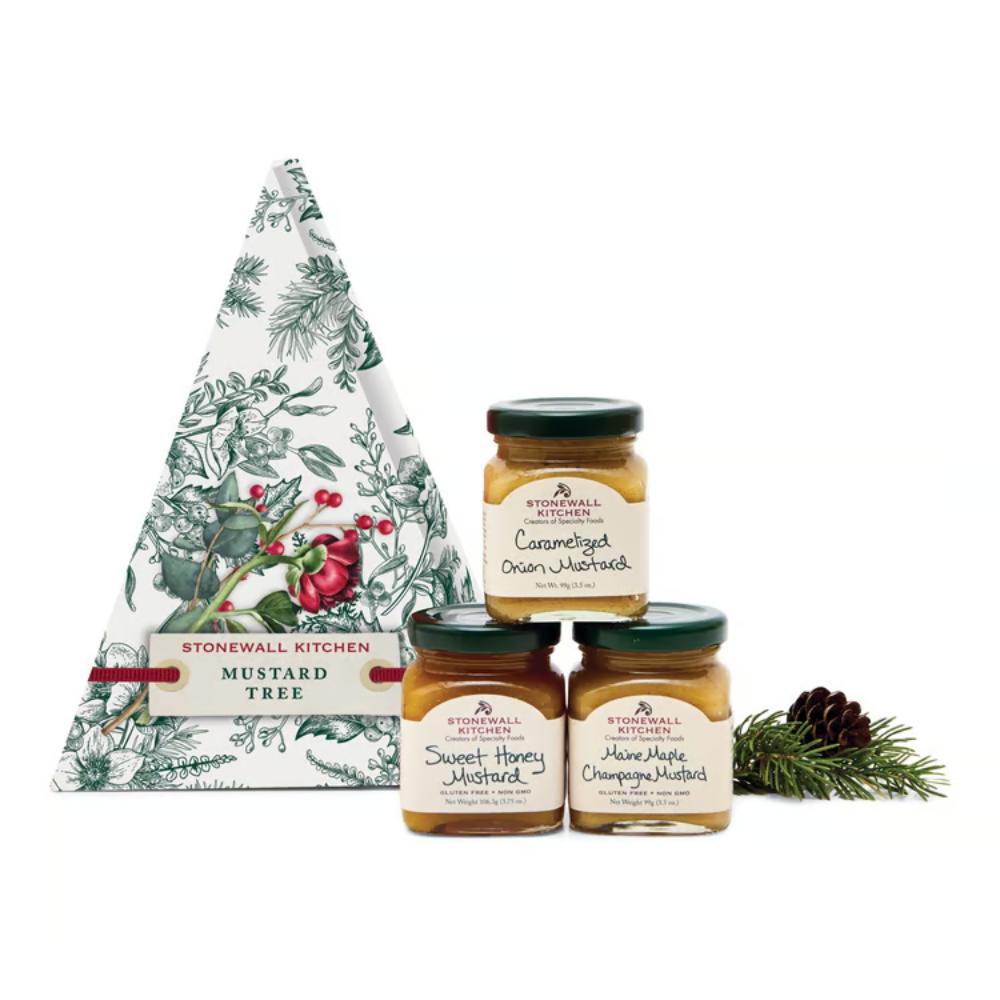 Stonewall Kitchen mustard set with a decorative tree-shaped box on a white background
